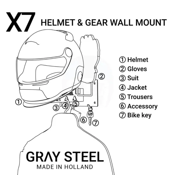 Gray Steel X7 Helmet & Gear wall mount Matt Black> Cadeaus Voor Motorrijders|Helm Houder & Kapstok