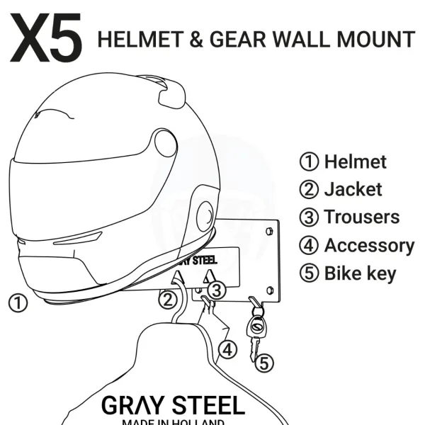 Gray Steel X5 Helmet & Gear wall mount Matt Black> Cadeaus Voor Motorrijders|Helm Houder & Kapstok