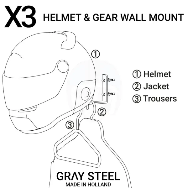 Gray Steel X3 Helmet & Gear wall mount Gun Metal> Cadeaus Voor Motorrijders|Helm Houder & Kapstok