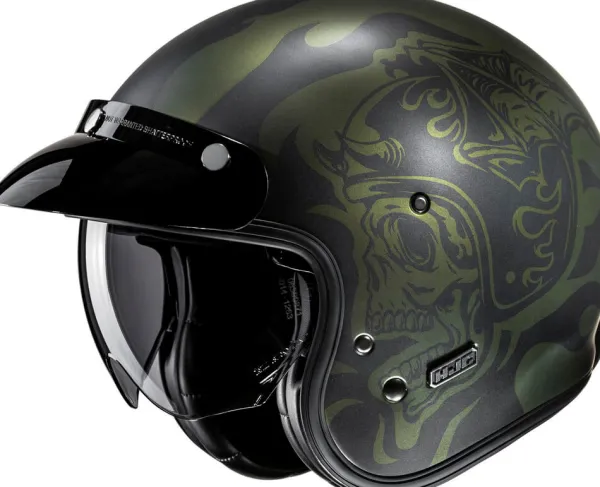 HJC V31 Flame Black/Green 140> Retro Helmen|Helmen Met Zonnevizier